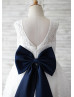 Ivory Lace Navy Blue Trim V Back Big Bow Knee Length Flower Girl Dress Ivory Lace Navy Blue Trim V Back Big Bow Knee Length Flower Girl Dress